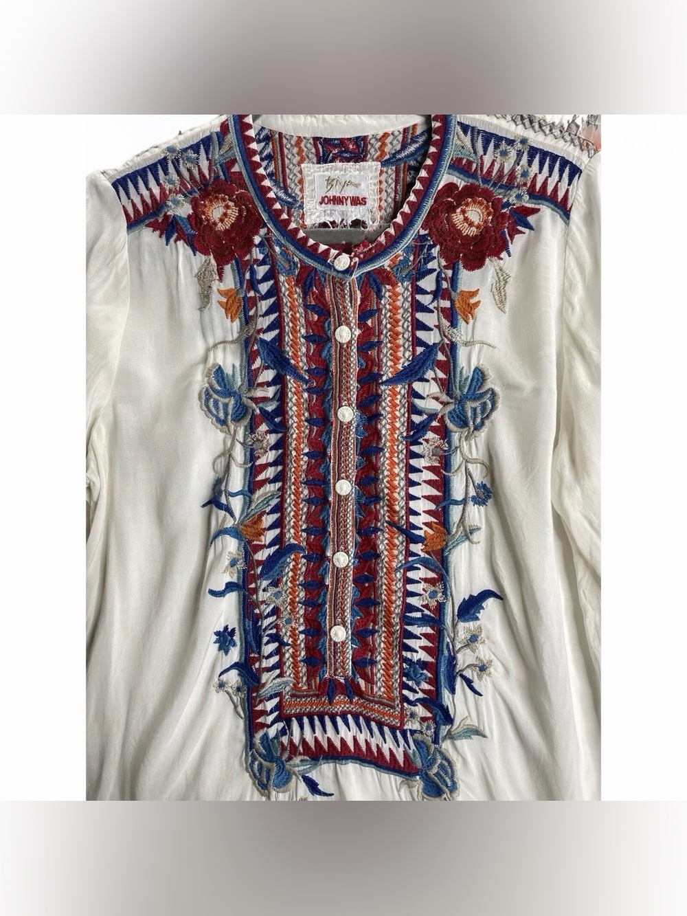 Johnny Was White Tunic with Blue & Burgundy Embroidery. Size Large. - Picture 5 of 8